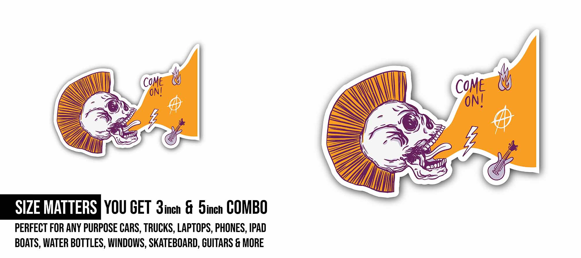 Come on Skull Sticker, Waterproof Vinyl Decal Sticker Indoor Or Outdoor 2 (Pieces) 3" and 5"