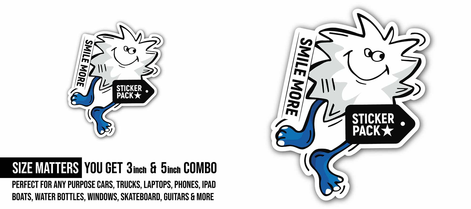 Smile More Fun Face Sticker, Waterproof Vinyl Decal Sticker Indoor Or Outdoor 2 (Pieces) 3" and 5"