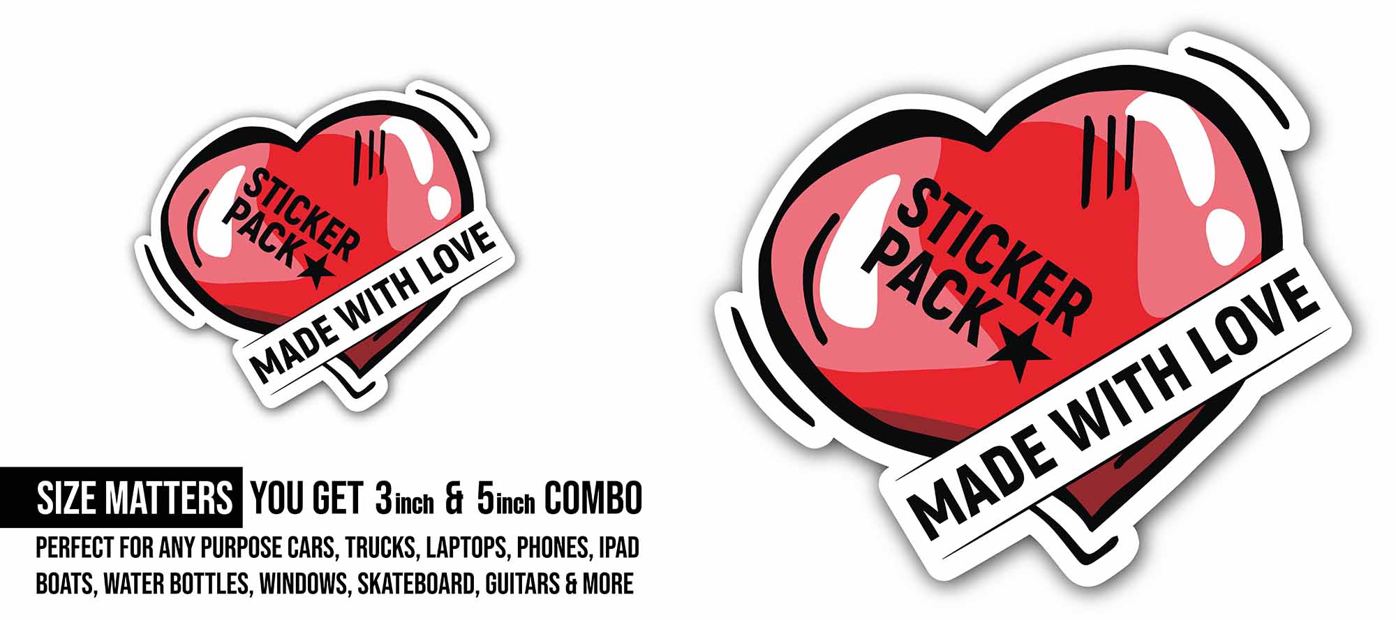 Made with Love Sticker, Waterproof Vinyl Decal Sticker Indoor Or Outdoor 2 (Pieces) 3" and 5"