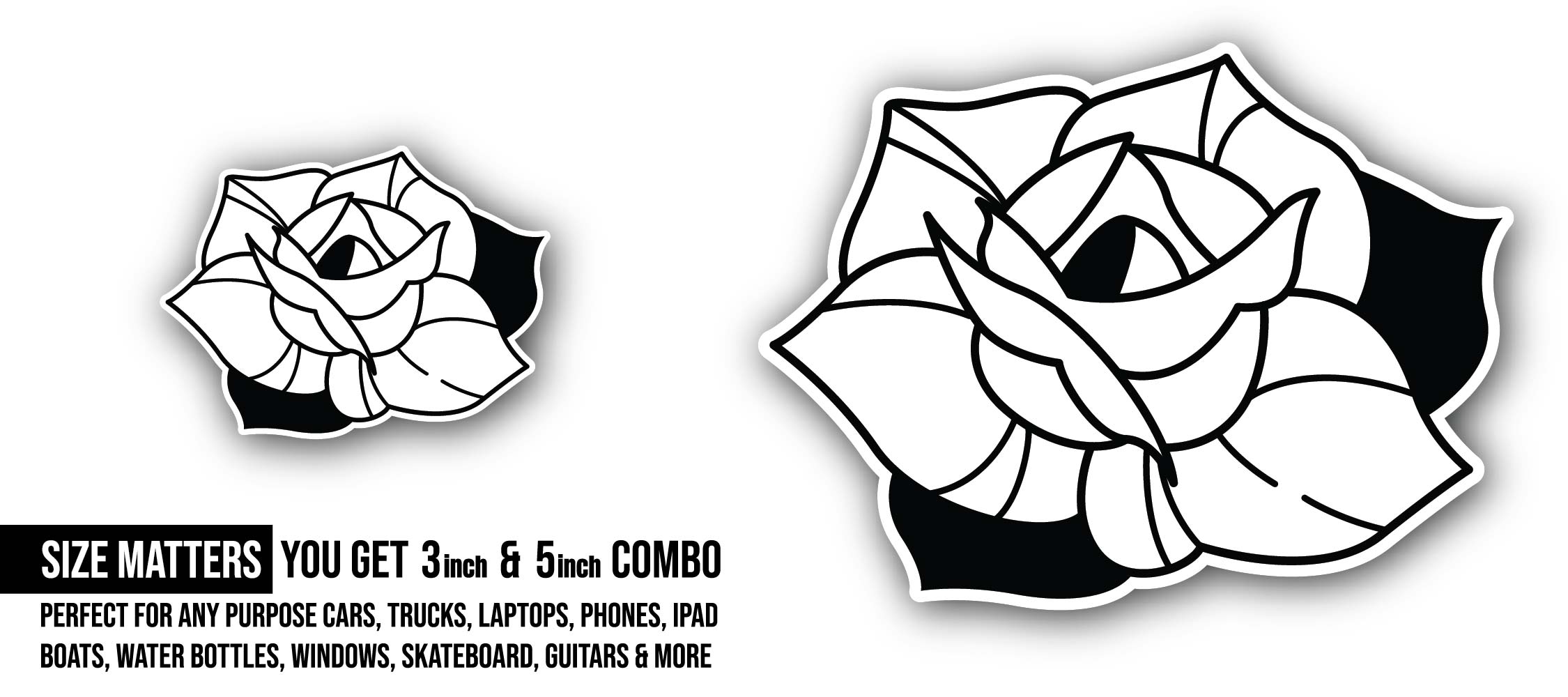Flower Rose vector Sticker, Waterproof Vinyl Decal Sticker Indoor Or Outdoor 2 (Pieces) 3" and 5"