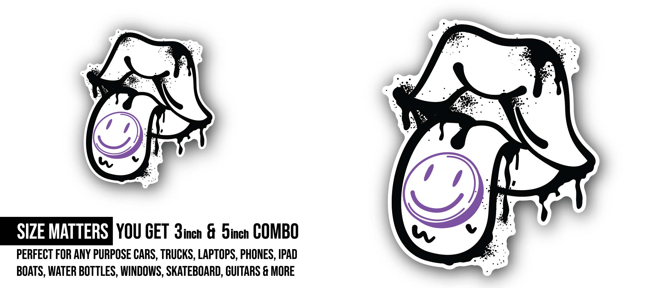 Smiley Face Sticker, Waterproof Vinyl Decal Sticker Indoor Or Outdoor 2 (Pieces) 3" and 5"