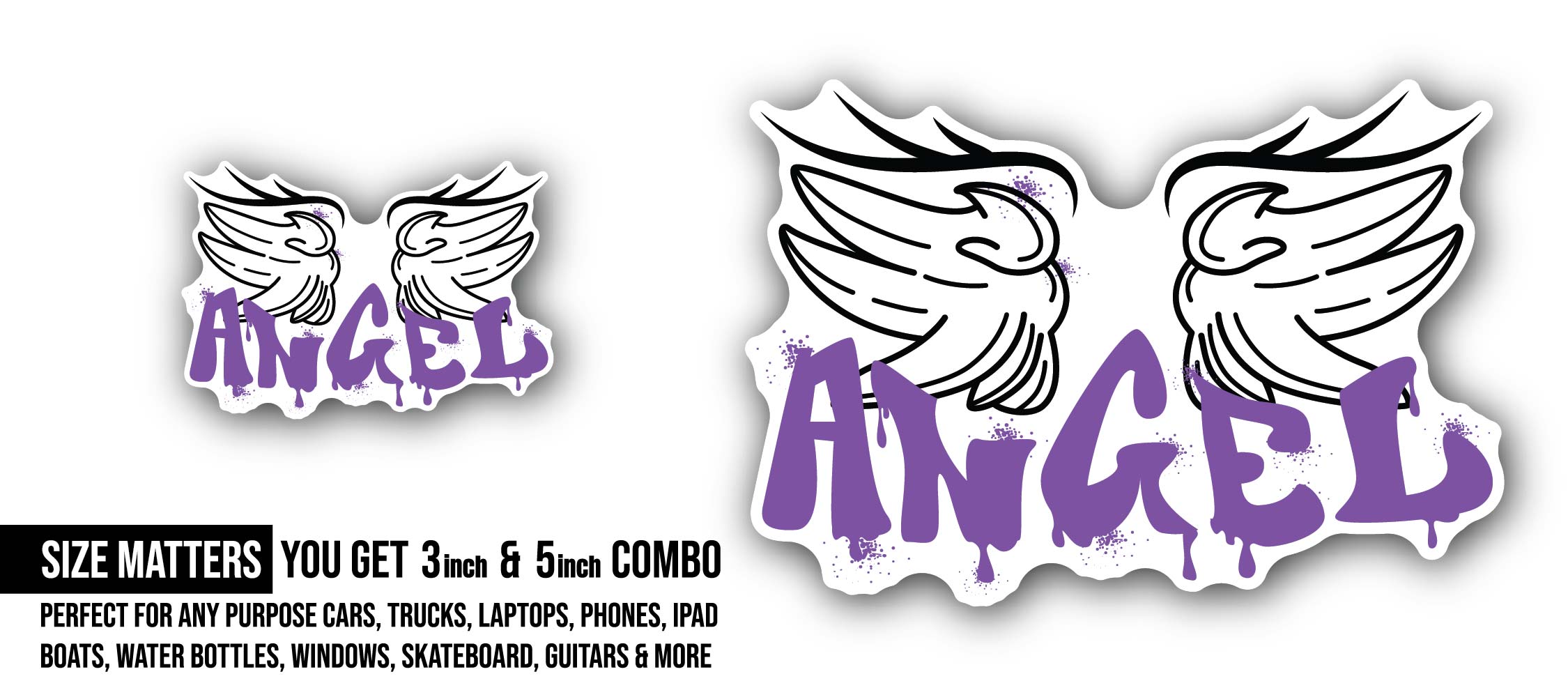 Purple Angel Text Sticker, Waterproof Vinyl Decal Sticker Indoor Or Outdoor 2 (Pieces) 3" and 5"