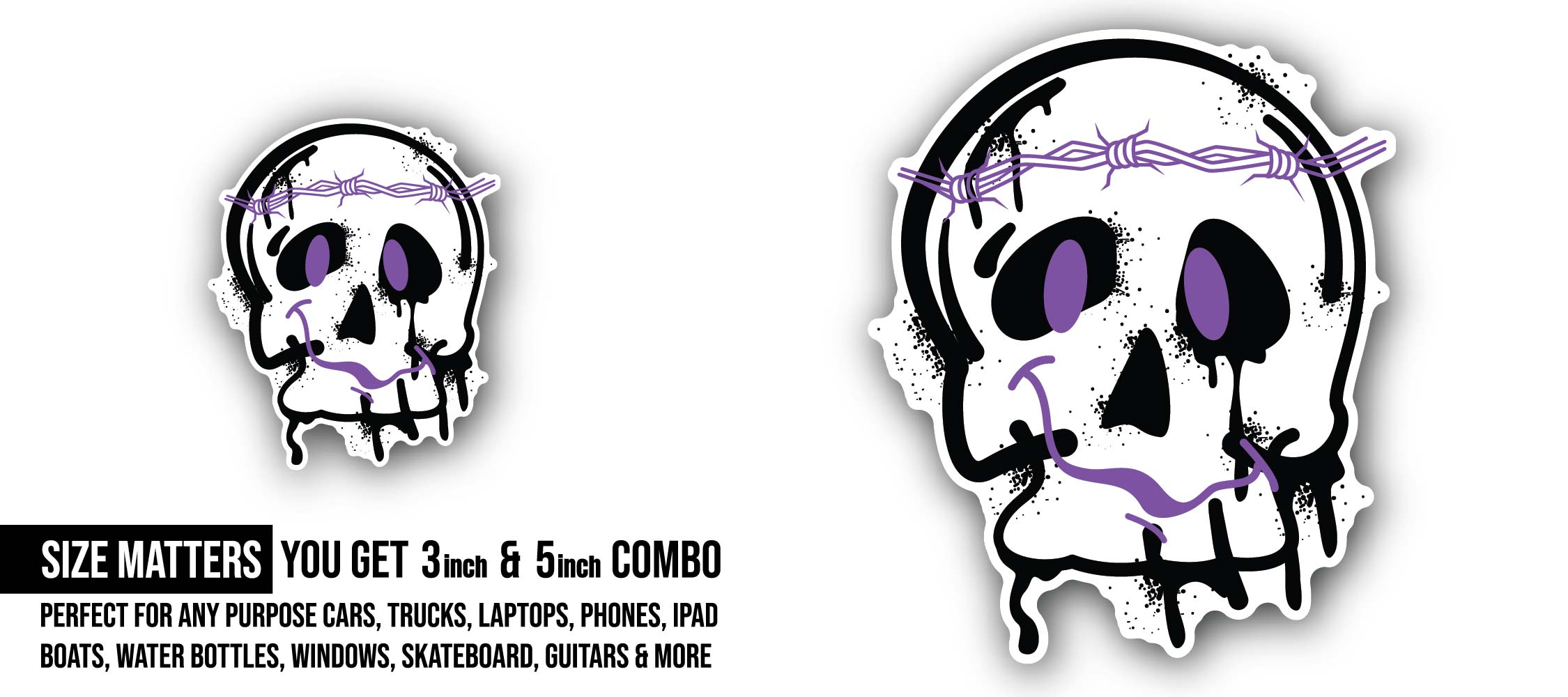 Skull Head Sticker, Waterproof Vinyl Decal Sticker Indoor Or Outdoor 2 (Pieces) 3" and 5"