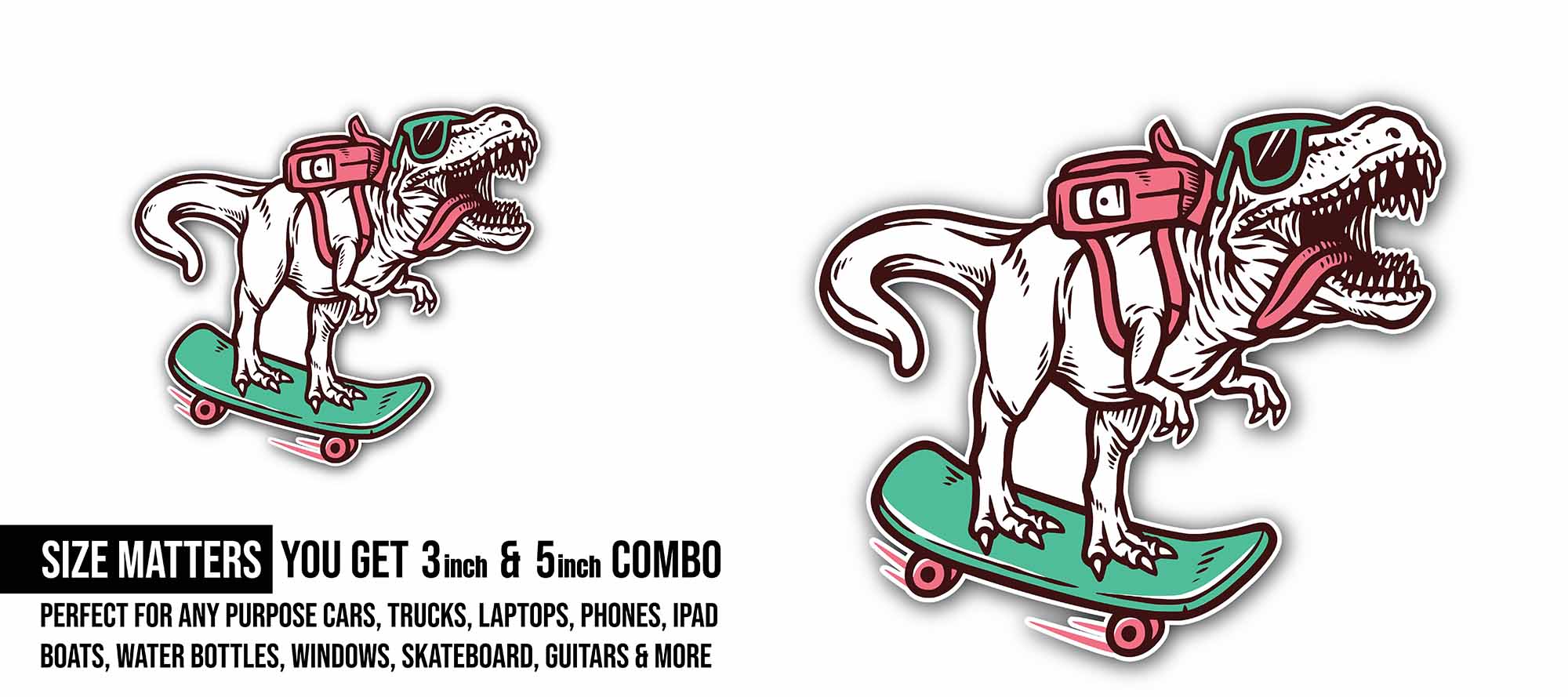 Skateboarding Dinosaur Sticker, Waterproof Vinyl Decal Sticker Indoor Or Outdoor 2 (Pieces) 3" and 5"