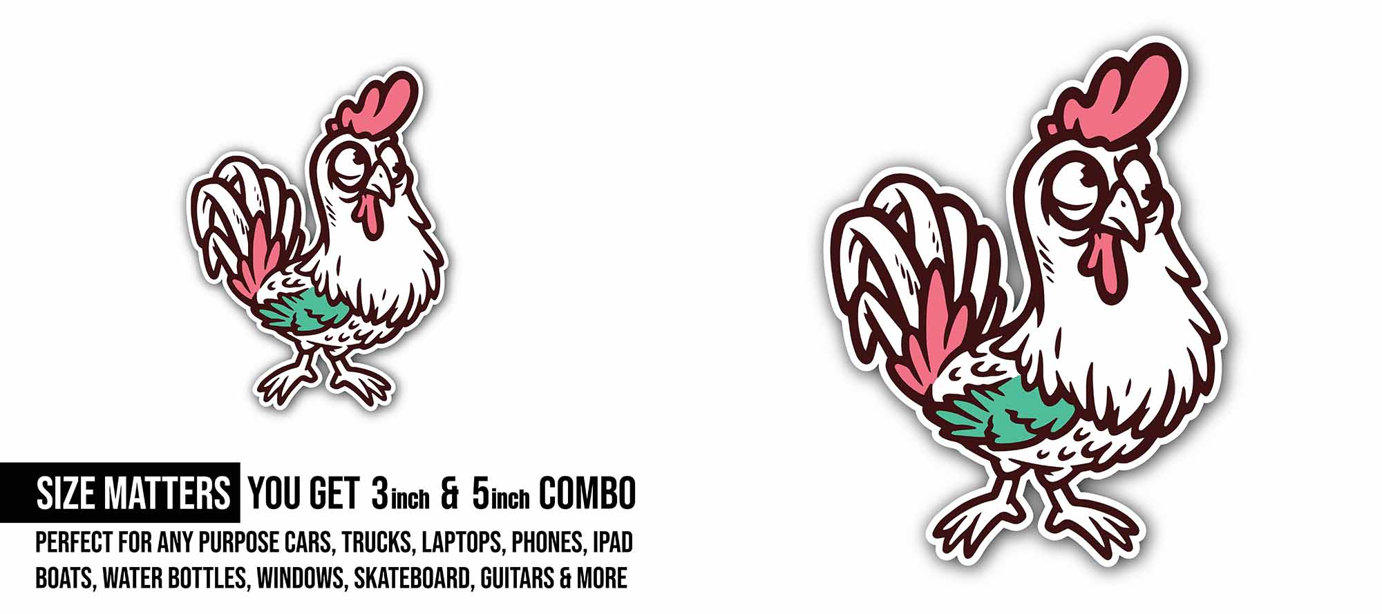Funny rooster Sticker, Waterproof Vinyl Decal Sticker Indoor Or Outdoor 2 (Pieces) 3" and 5"
