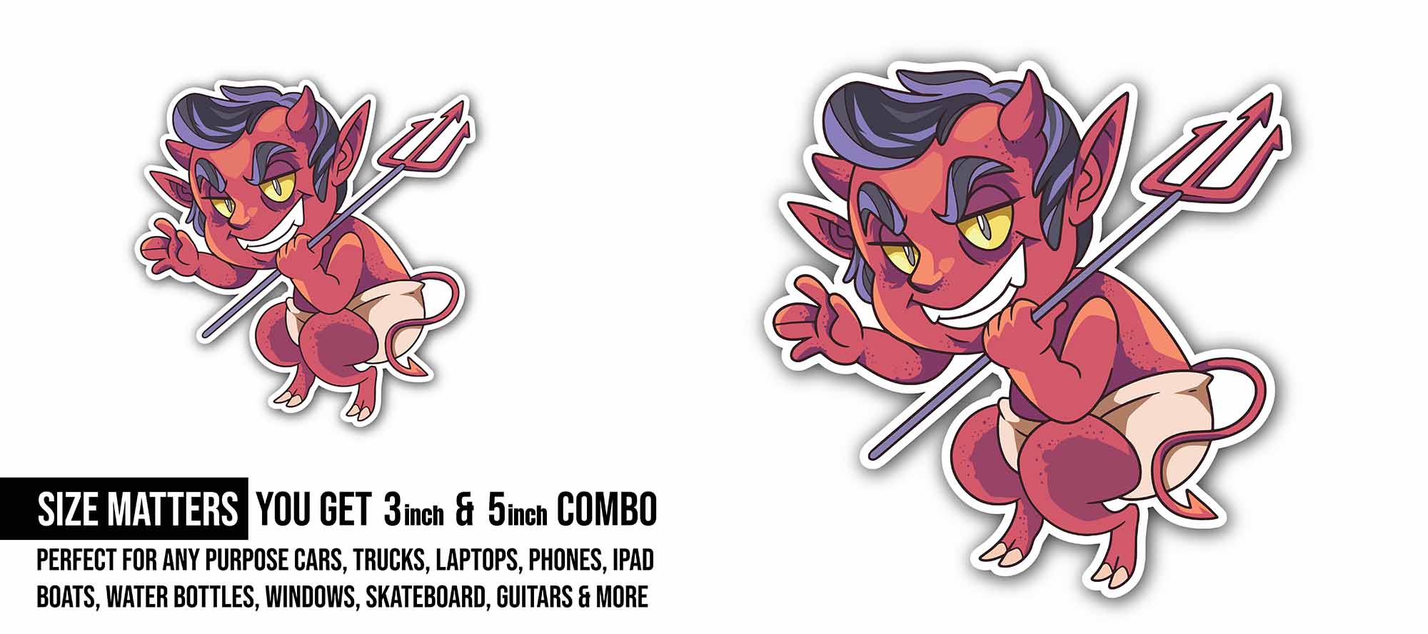 Little Devil Sticker, Waterproof Vinyl Decal Sticker Indoor Or Outdoor 2 (Pieces) 3" and 5"