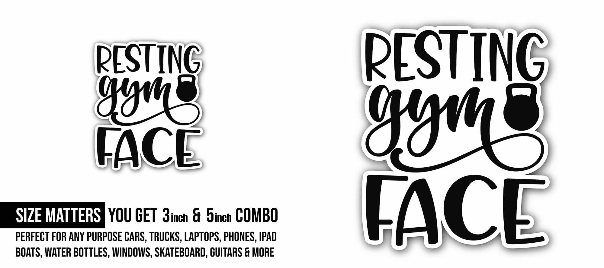 Resting Gym Face text Sticker, Waterproof Vinyl Decal Sticker Indoor Or Outdoor 2 (Pieces) 3" and 5"