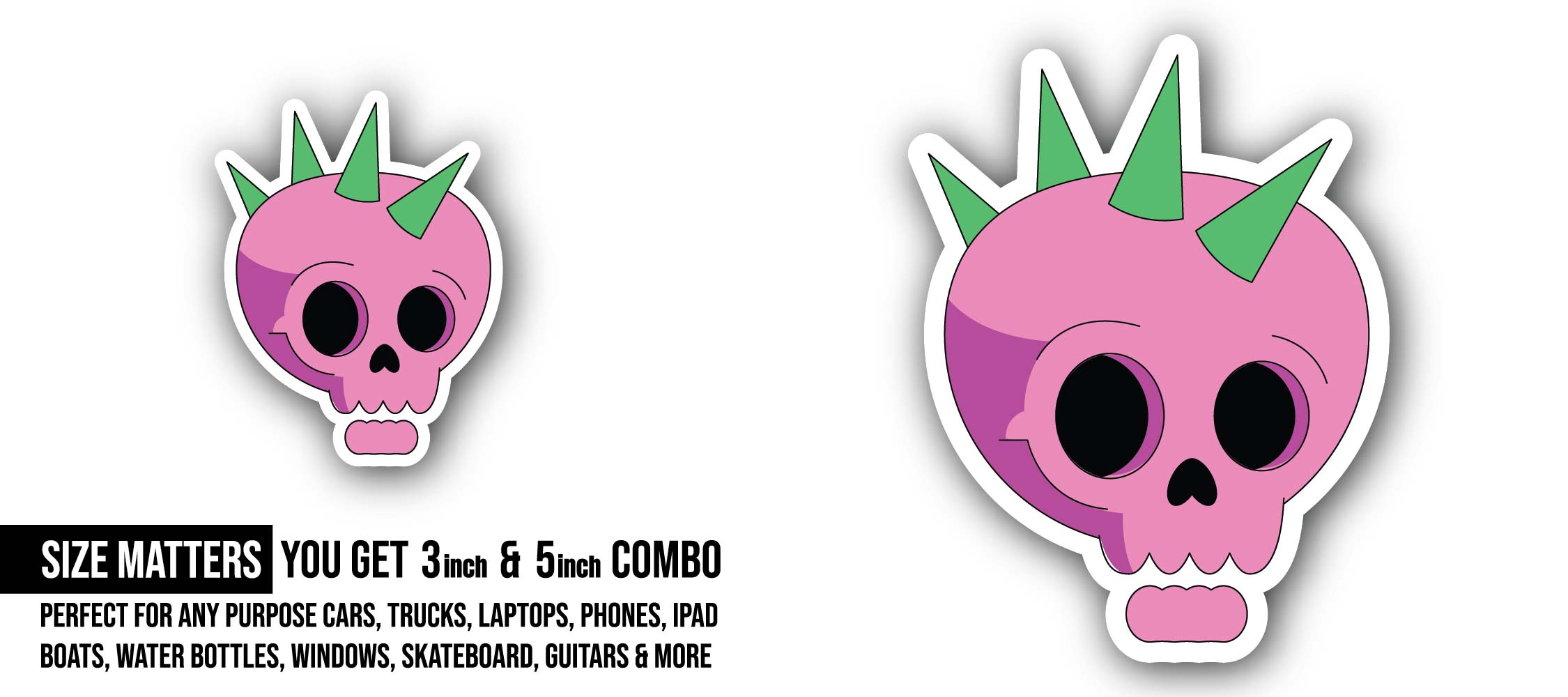 Pink Punk Skull Sticker, Waterproof Vinyl Decal Sticker Indoor Or Outdoor 2 (Pieces) 3" and 5"