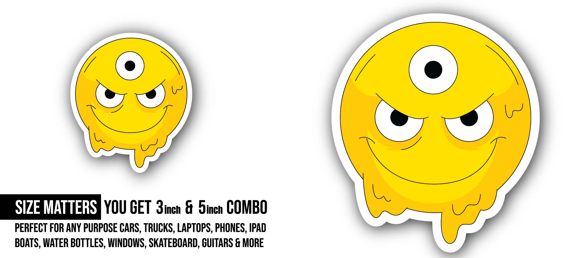 Yellow Monster Face Sticker, Waterproof Vinyl Decal Sticker Indoor Or Outdoor 2 (Pieces) 3" and 5"