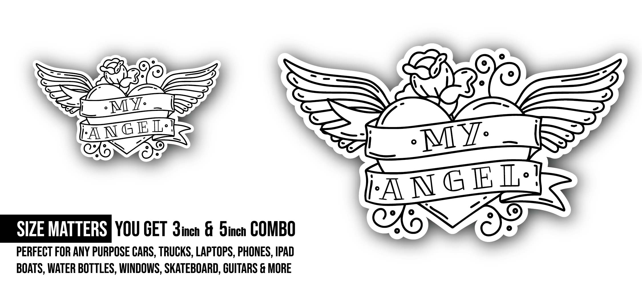 My Angel Art Sticker, Waterproof Vinyl Decal Sticker Indoor Or Outdoor 2 (Pieces) 3" and 5"