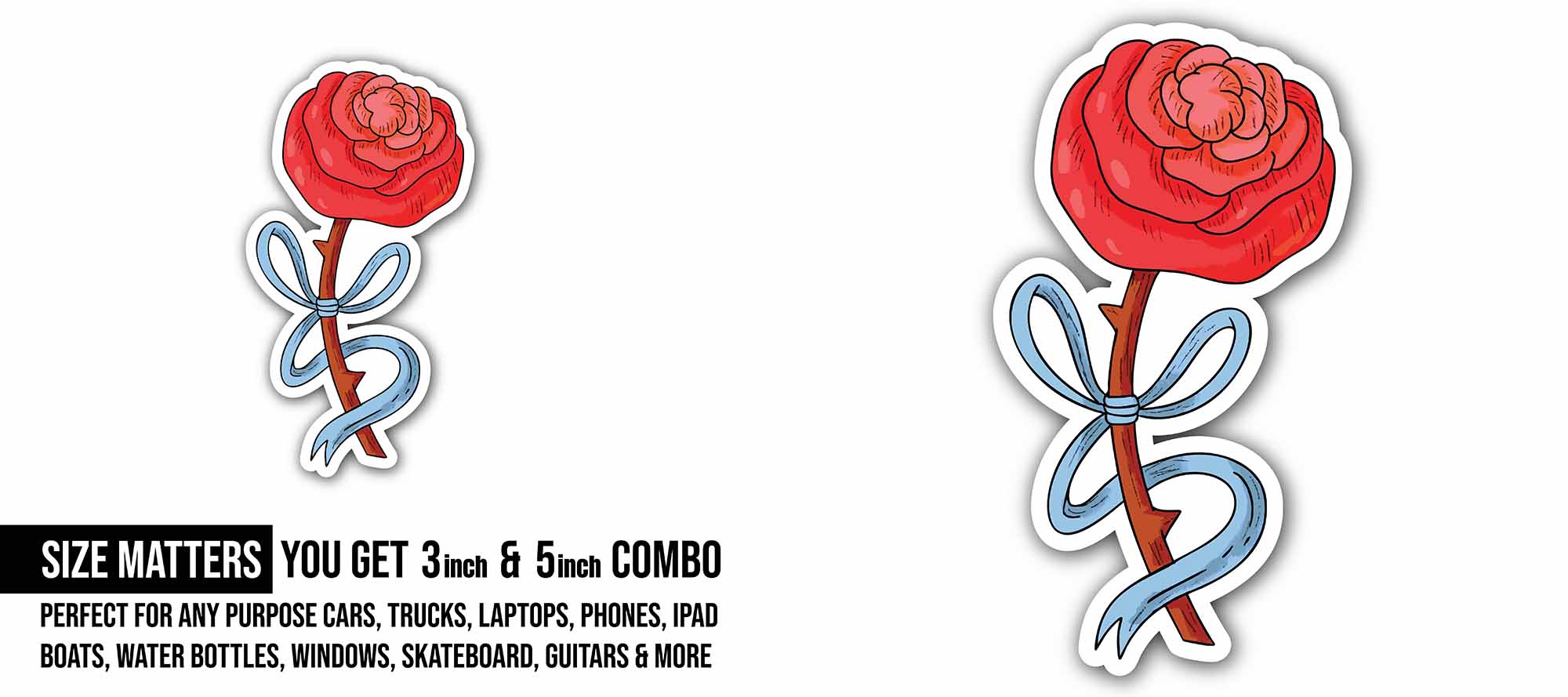 Red Rose Flower Sticker, Waterproof Vinyl Decal Sticker Indoor Or Outdoor 2 (Pieces) 3" and 5"
