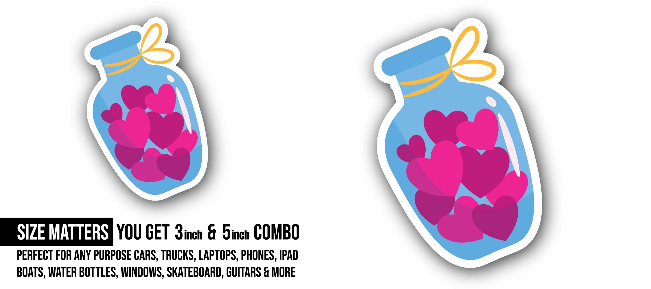 Jar with Heart Sticker, Waterproof Vinyl Decal Sticker Indoor Or Outdoor 2 (Pieces) 3" and 5"