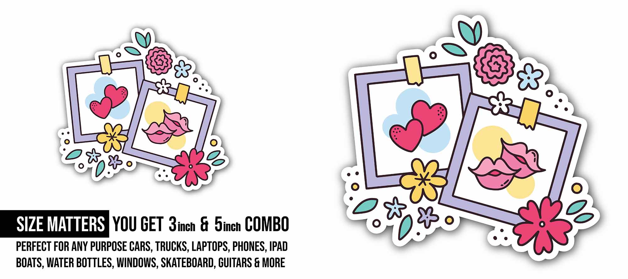 Love & Kisses Sticker, Waterproof Vinyl Decal Sticker Indoor Or Outdoor 2 (Pieces) 3" and 5"