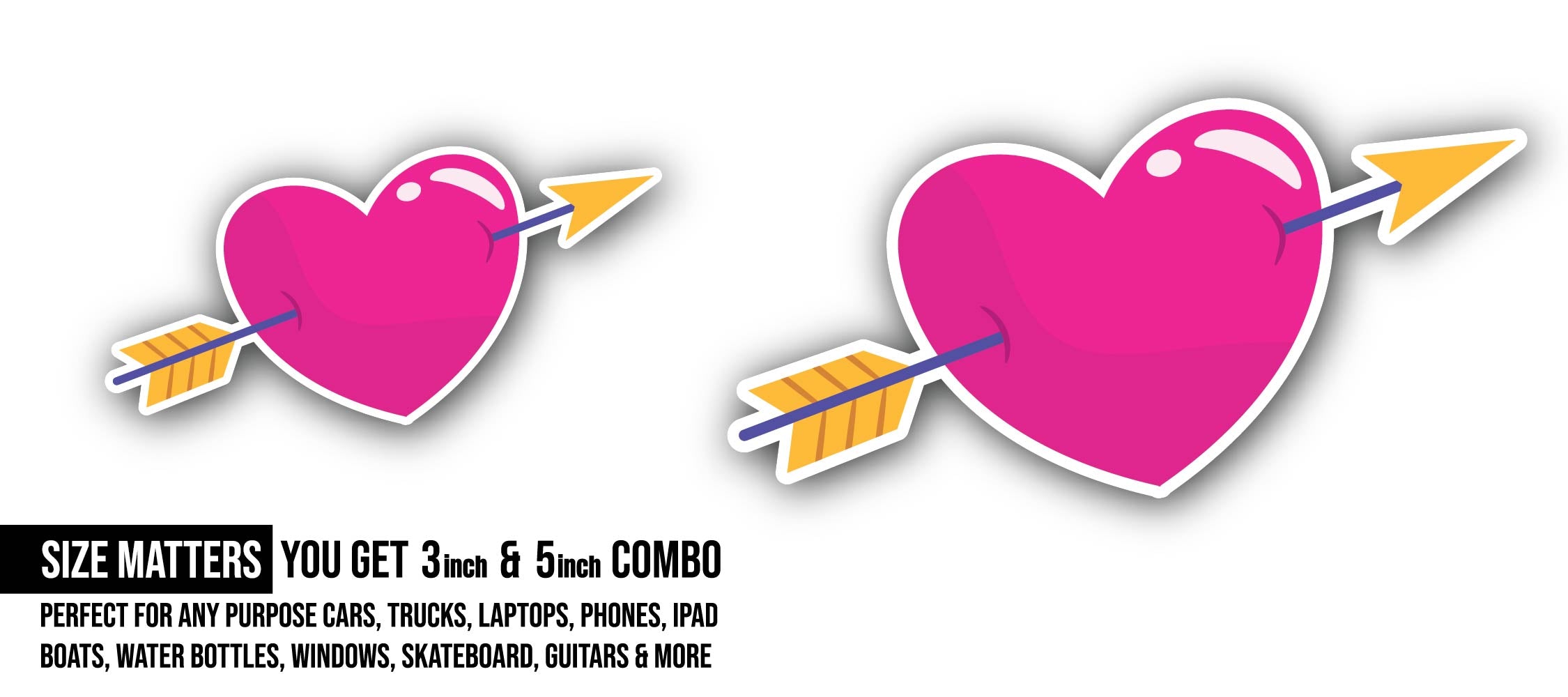 Heart with Arrow Love Sticker, Waterproof Vinyl Decal Sticker Indoor Or Outdoor 2 (Pieces) 3" and 5"