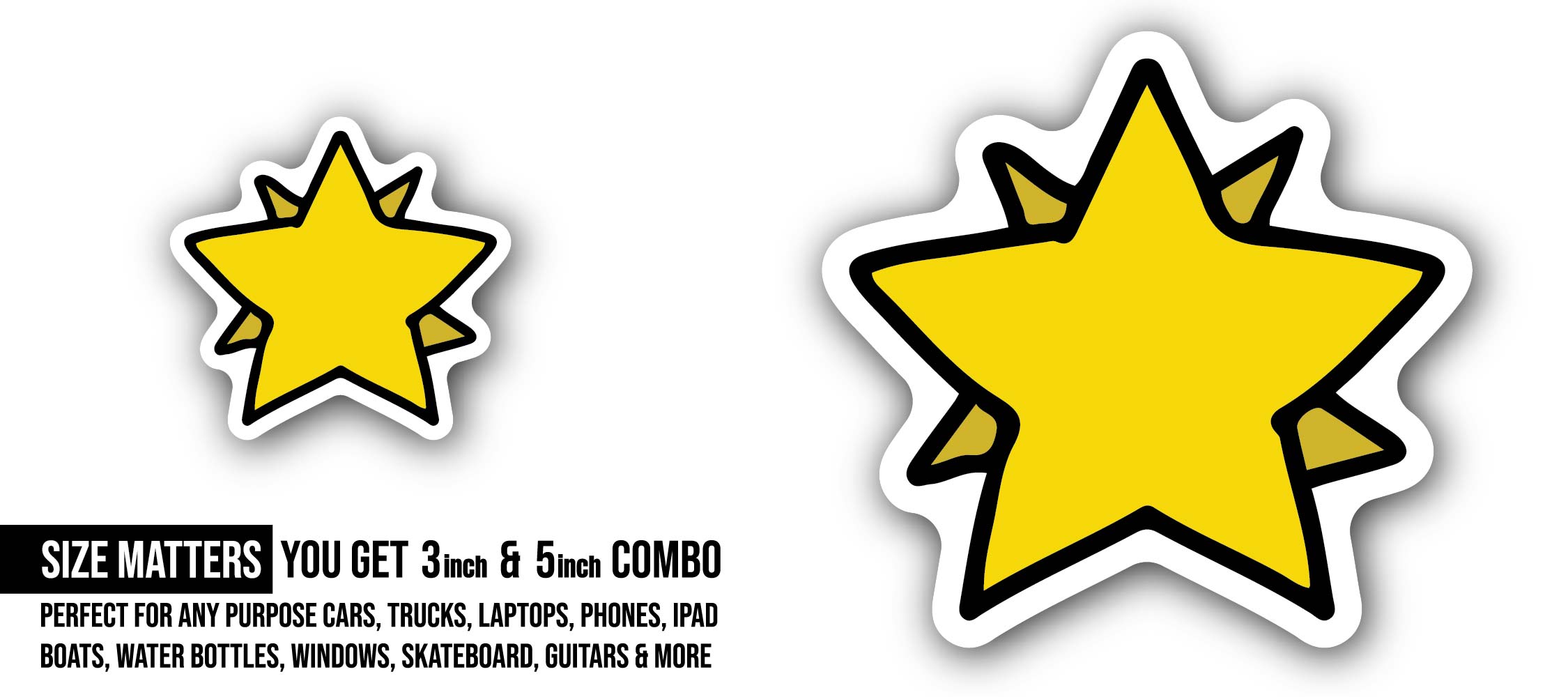 Yellow Star Sticker, Waterproof Vinyl Decal Sticker Indoor Or Outdoor 2 (Pieces) 3" and 5"