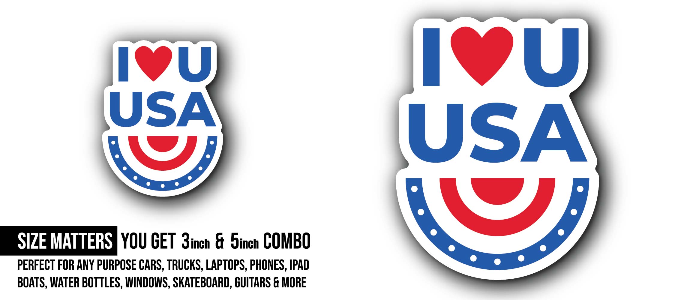 I Love USA Sticker, Waterproof Vinyl Decal Sticker Indoor Or Outdoor 2 (Pieces) 3" and 5"