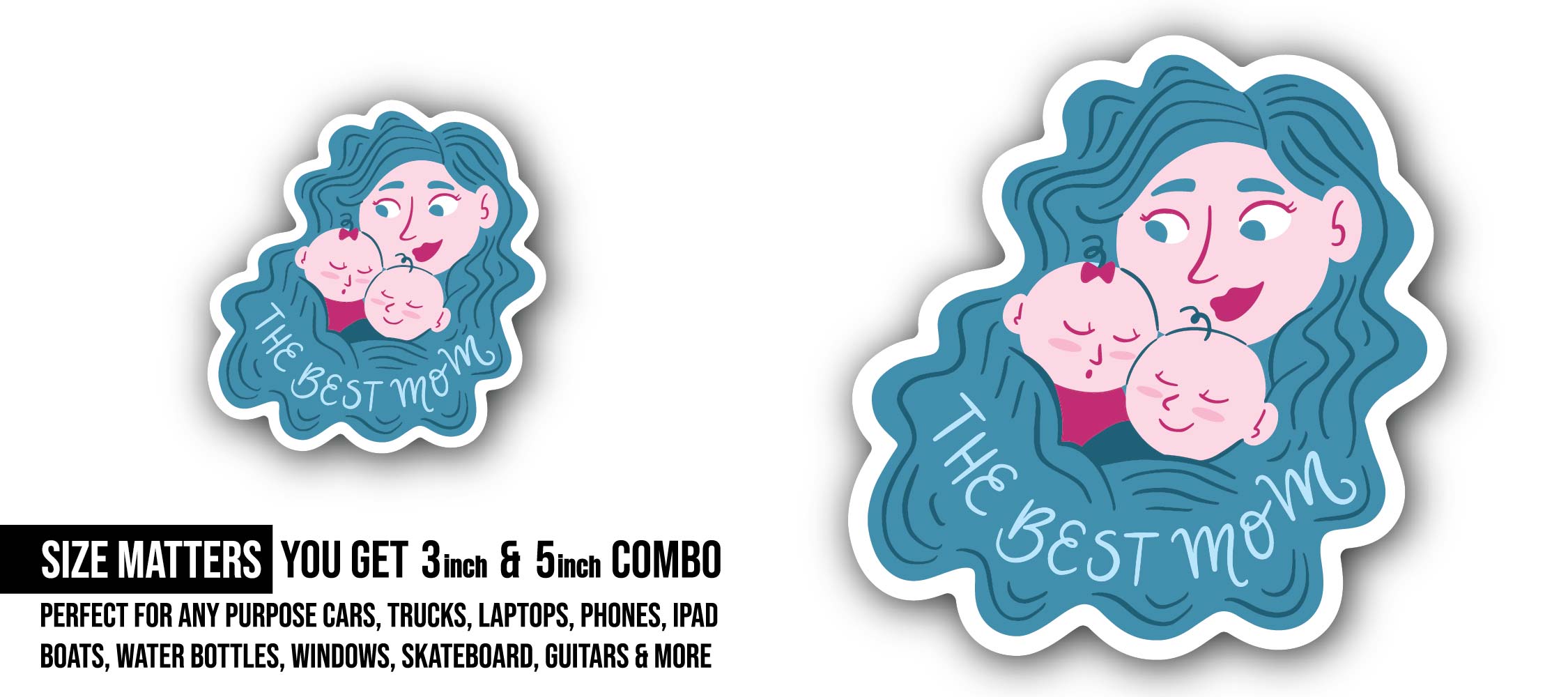 The Best Mom Sticker, Waterproof Vinyl Decal Sticker Indoor Or Outdoor 2 (Pieces) 3" and 5"