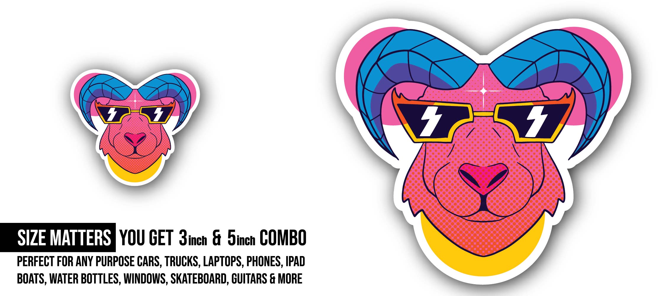 Cool Sheep Sticker, Waterproof Vinyl Decal Sticker Indoor Or Outdoor 2 (Pieces) 3" and 5"