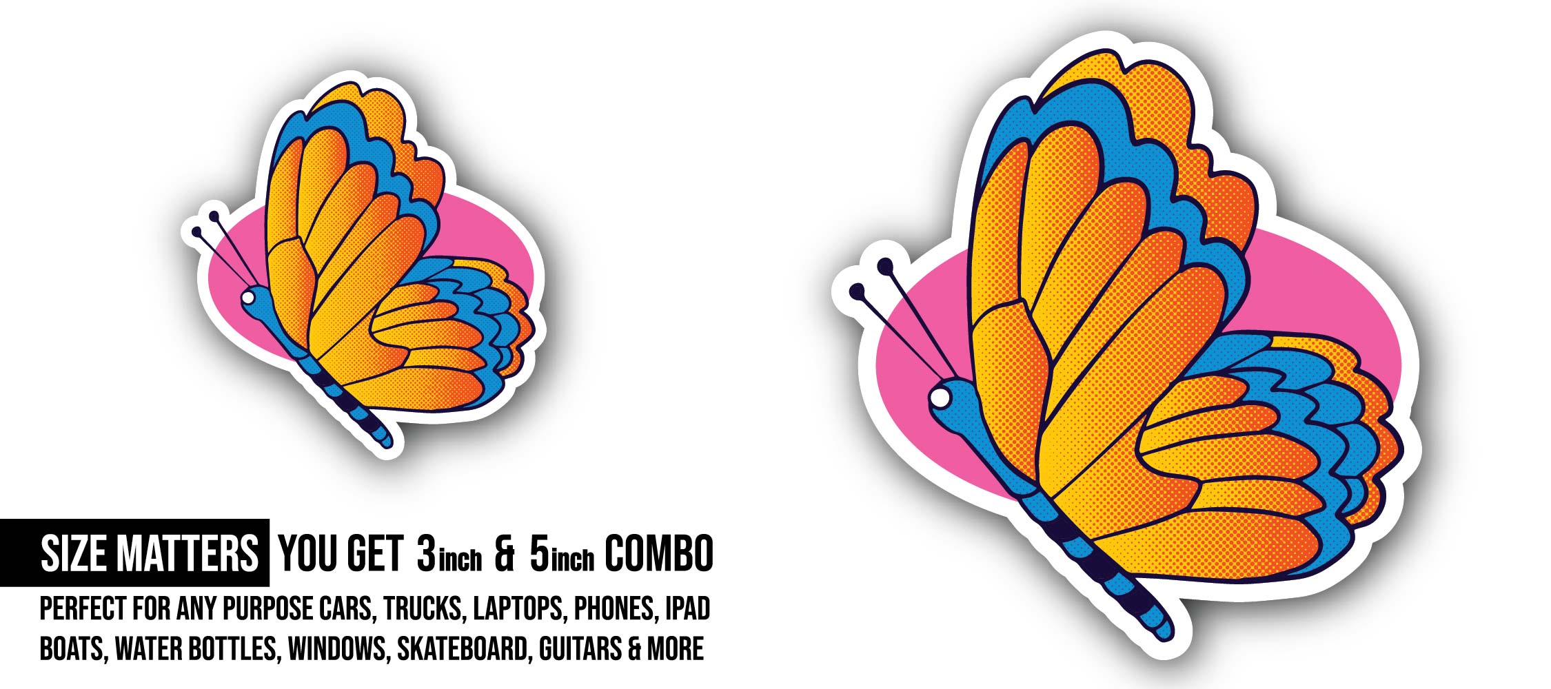 Colorful butterfly Sticker, Waterproof Vinyl Decal Sticker Indoor Or Outdoor 2 (Pieces) 3" and 5"