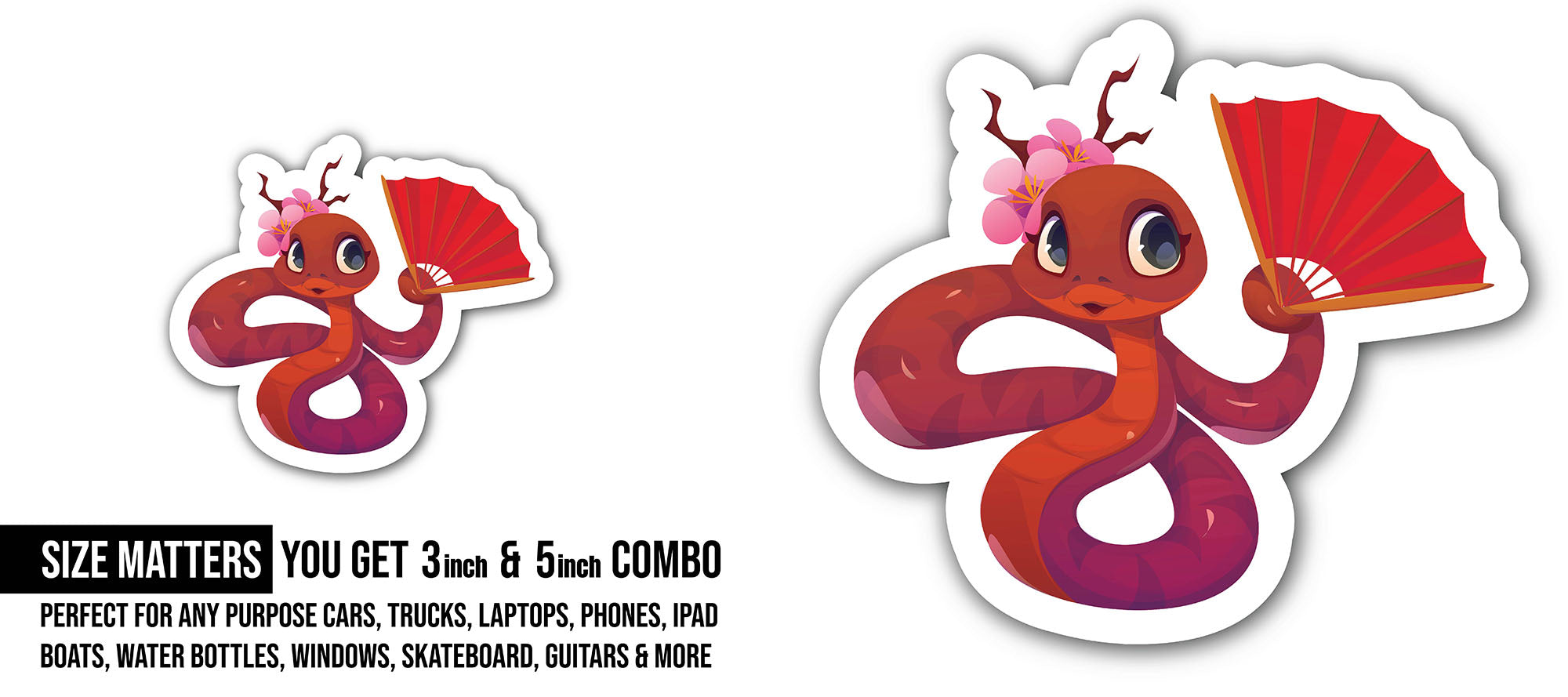 Cute red Snake Sticker, Waterproof Vinyl Decal Sticker Indoor Or Outdoor 2 (Pieces) 3" and 5"