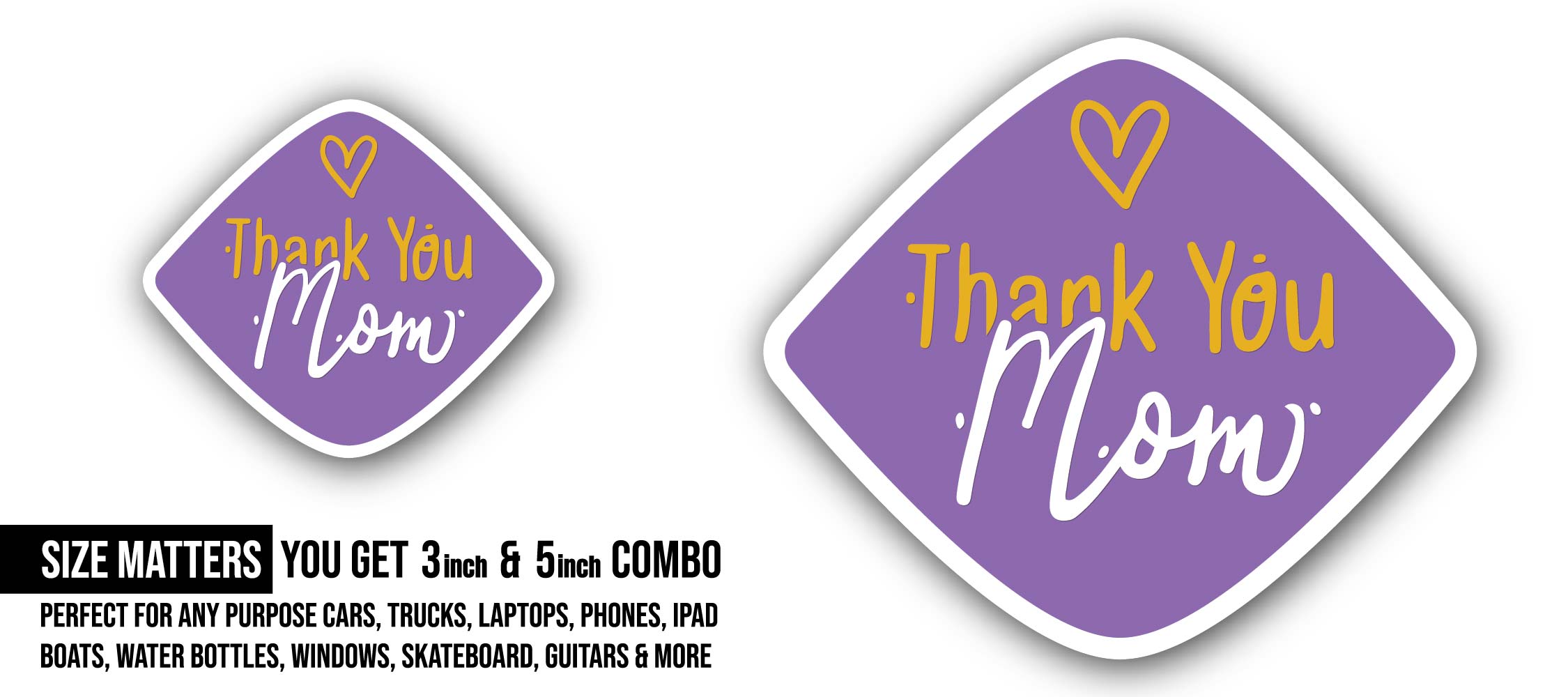 Purple Background & Thank you Mom Sticker, Waterproof Vinyl Decal Sticker Indoor Or Outdoor 2 (Pieces) 3" and 5"