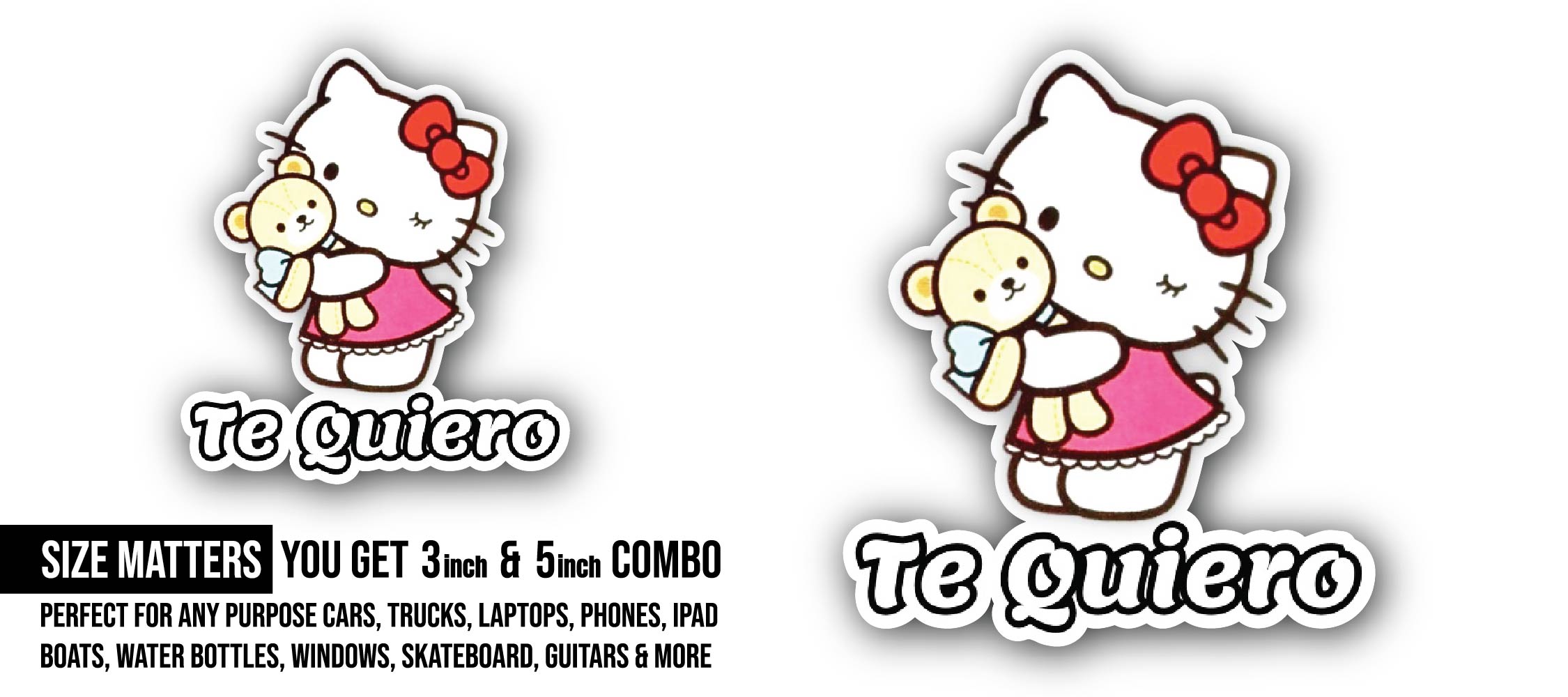 Cat with teddy Sticker, Waterproof Vinyl Decal Sticker Indoor Or Outdoor 2 (Pieces) 3" and 5"