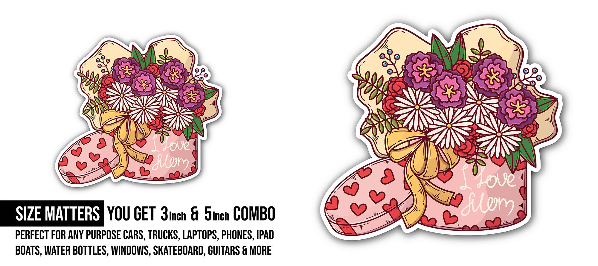Mothers Day Flowers Sticker, Waterproof Vinyl Decal Sticker Indoor Or Outdoor 2 (Pieces) 3" and 5"