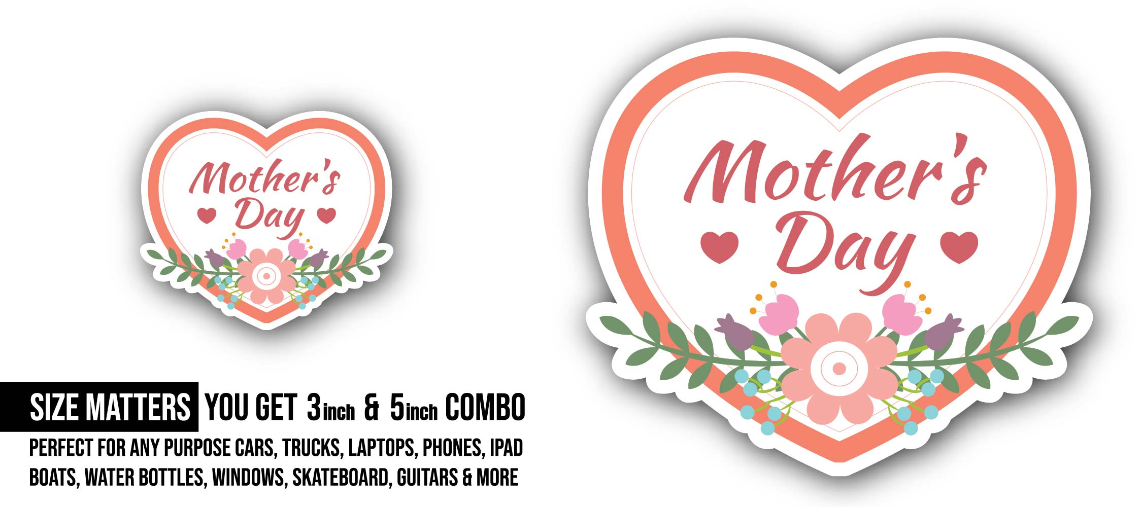 Heart Mother Day Sticker, Waterproof Vinyl Decal Sticker Indoor Or Outdoor 2 (Pieces) 3" and 5"