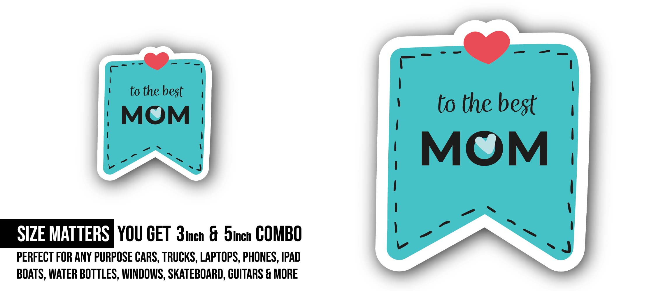 Best Mom & Red Heart Sticker, Waterproof Vinyl Decal Sticker Indoor Or Outdoor 2 (Pieces) 3" and 5"