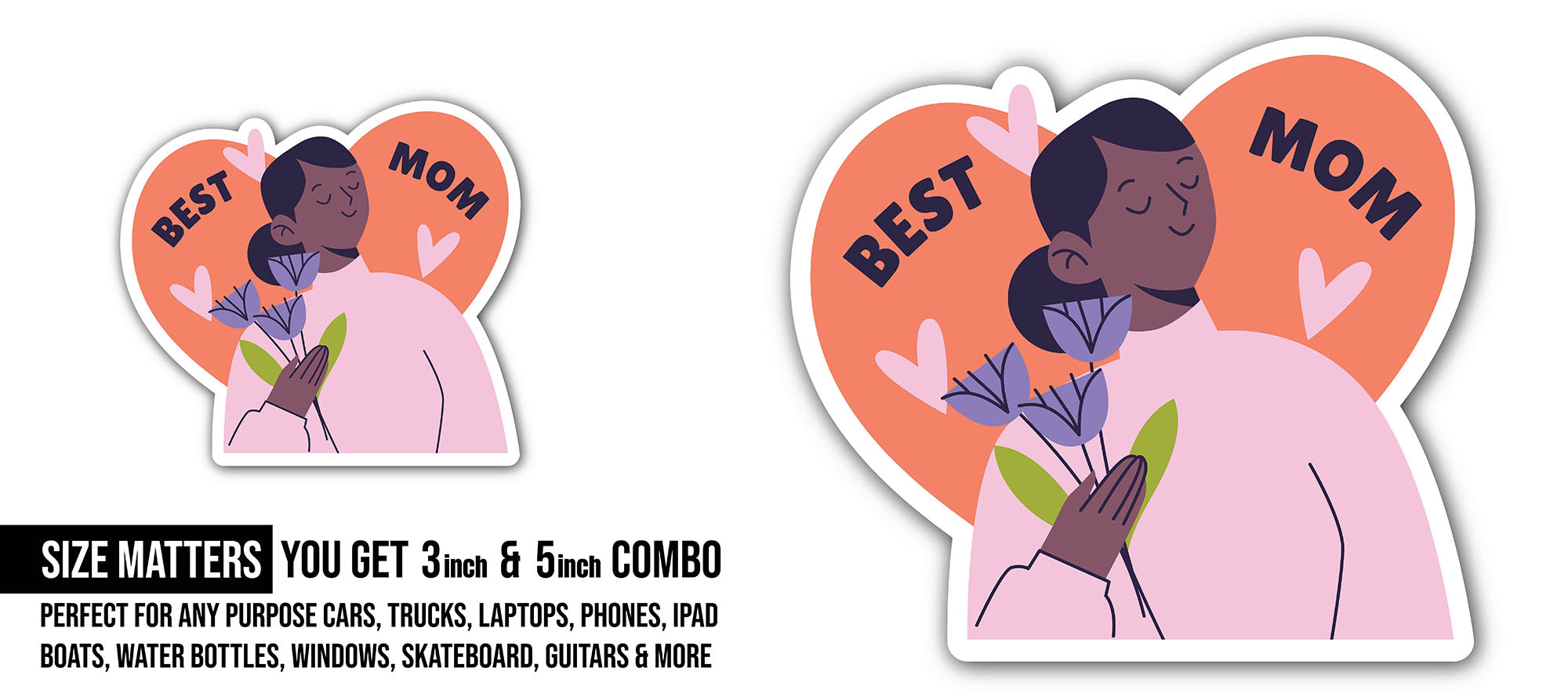 Best Mom & orange heart Sticker, Waterproof Vinyl Decal Sticker Indoor Or Outdoor 2 (Pieces) 3" and 5"