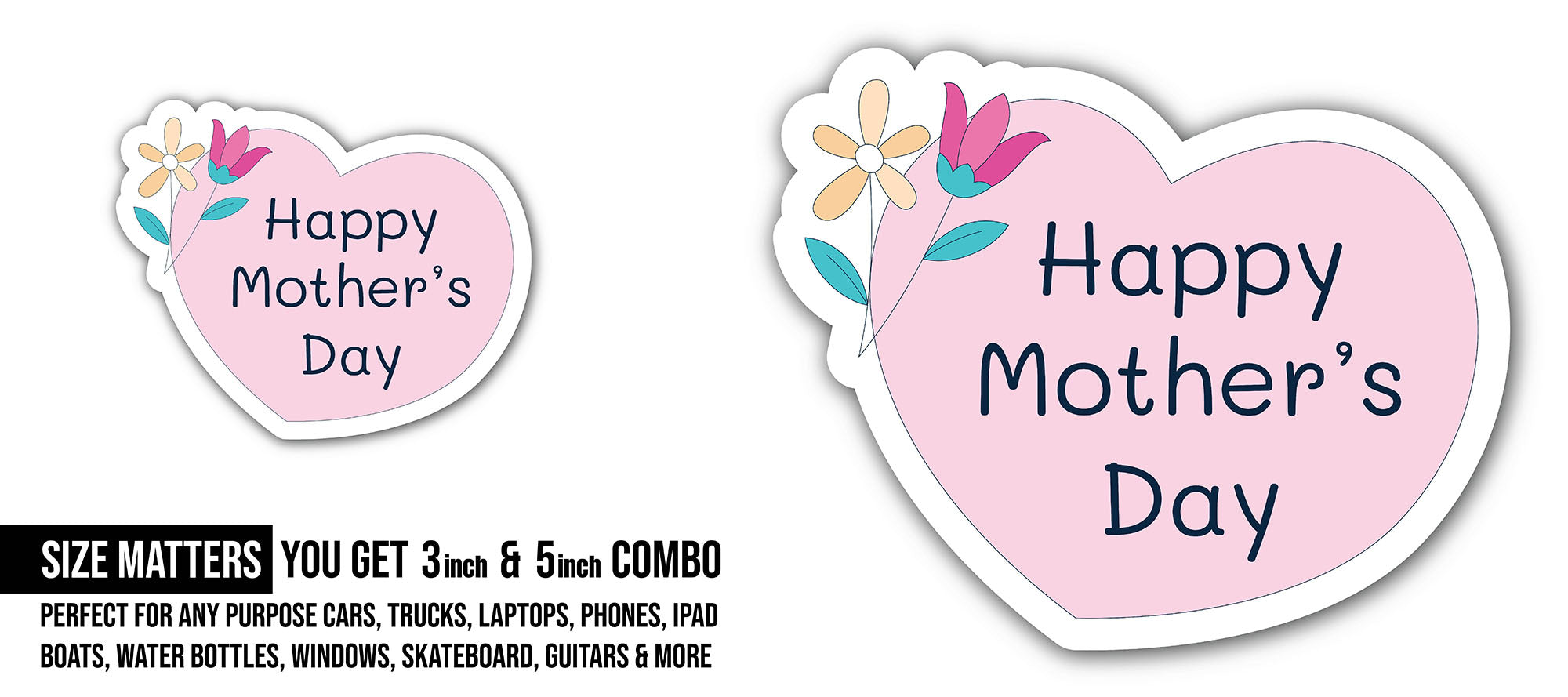 Pink Heart Mother's Day Sticker, Waterproof Vinyl Decal Sticker Indoor Or Outdoor 2 (Pieces) 3" and 5"