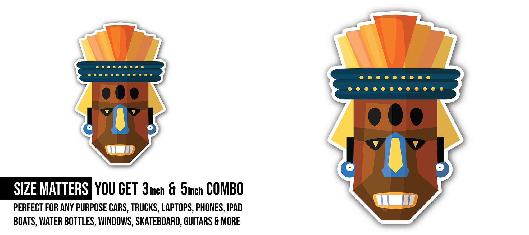 Ugly terrible African mask Sticker, Waterproof Vinyl Decal Sticker Indoor Or Outdoor 2 (Pieces) 3" and 5"