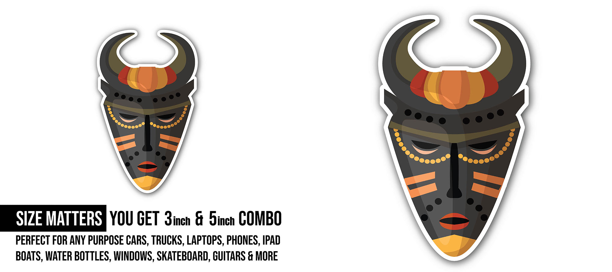 Aborigine native mask Sticker, Waterproof Vinyl Decal Sticker Indoor Or Outdoor 2 (Pieces) 3" and 5"