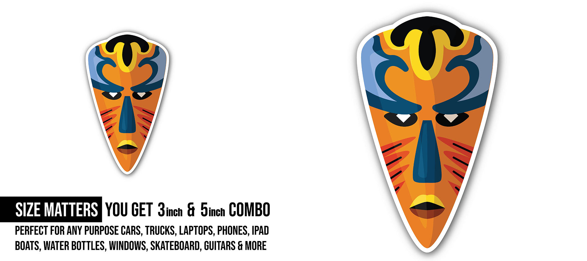 Coloured African ethnic tribal mask Sticker, Waterproof Vinyl Decal Sticker Indoor Or Outdoor 2 (Pieces) 3" and 5"