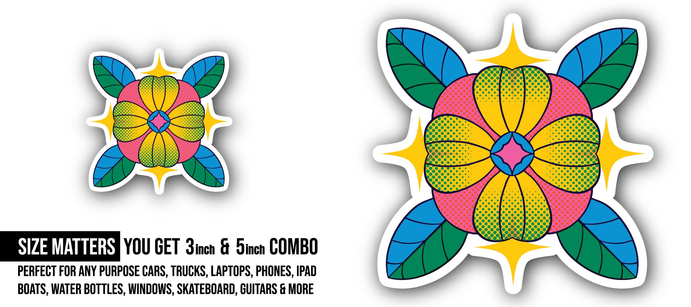 Multicolor Flower Vector Sticker, Waterproof Vinyl Decal Sticker Indoor Or Outdoor 2 (Pieces) 3" and 5"