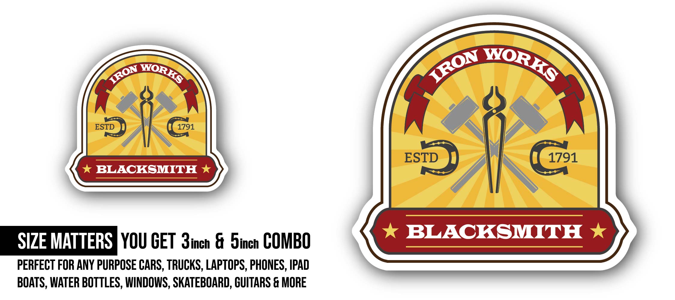 Iron Works Blacksmith Sticker, Waterproof Vinyl Decal Sticker Indoor Or Outdoor 2 (Pieces) 3" and 5"