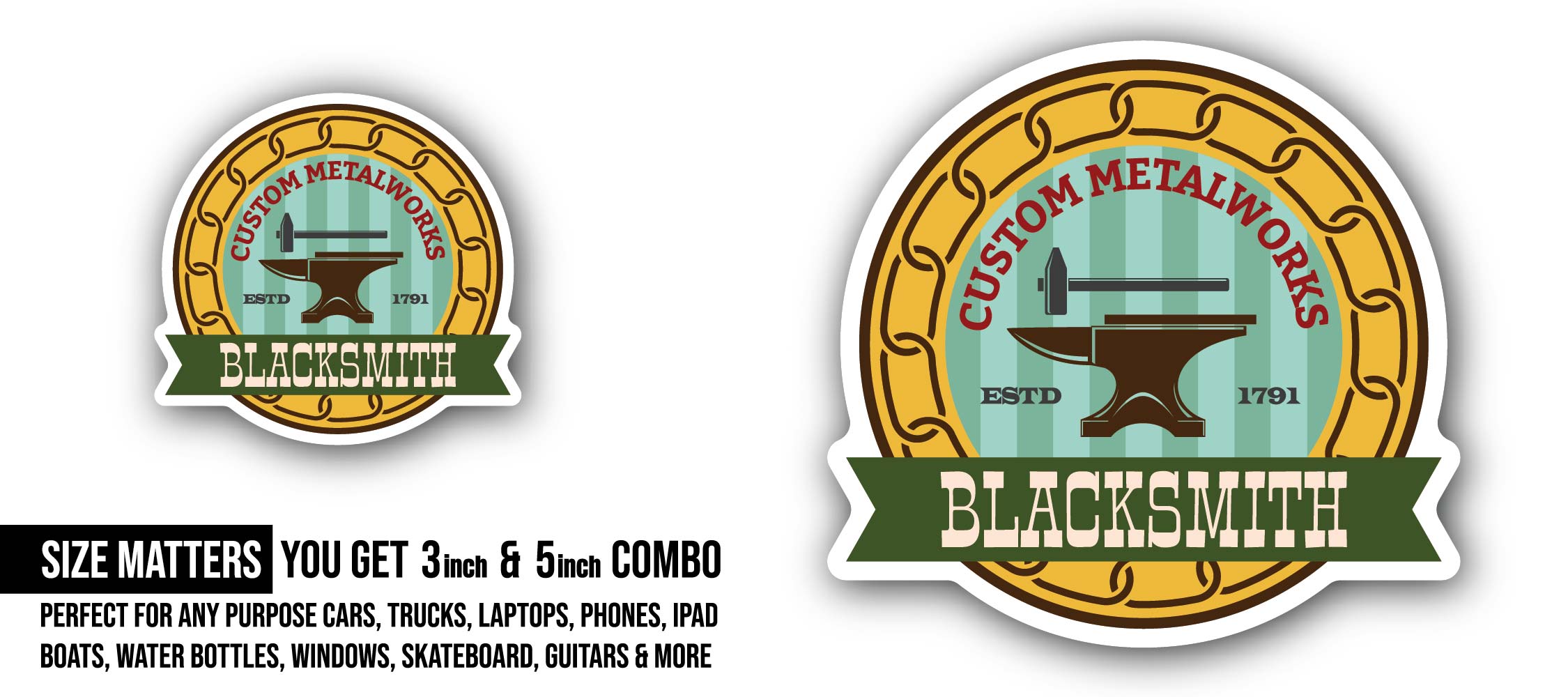 Custom Metalworks blacksmith Sticker, Waterproof Vinyl Decal Sticker Indoor Or Outdoor 2 (Pieces) 3" and 5"