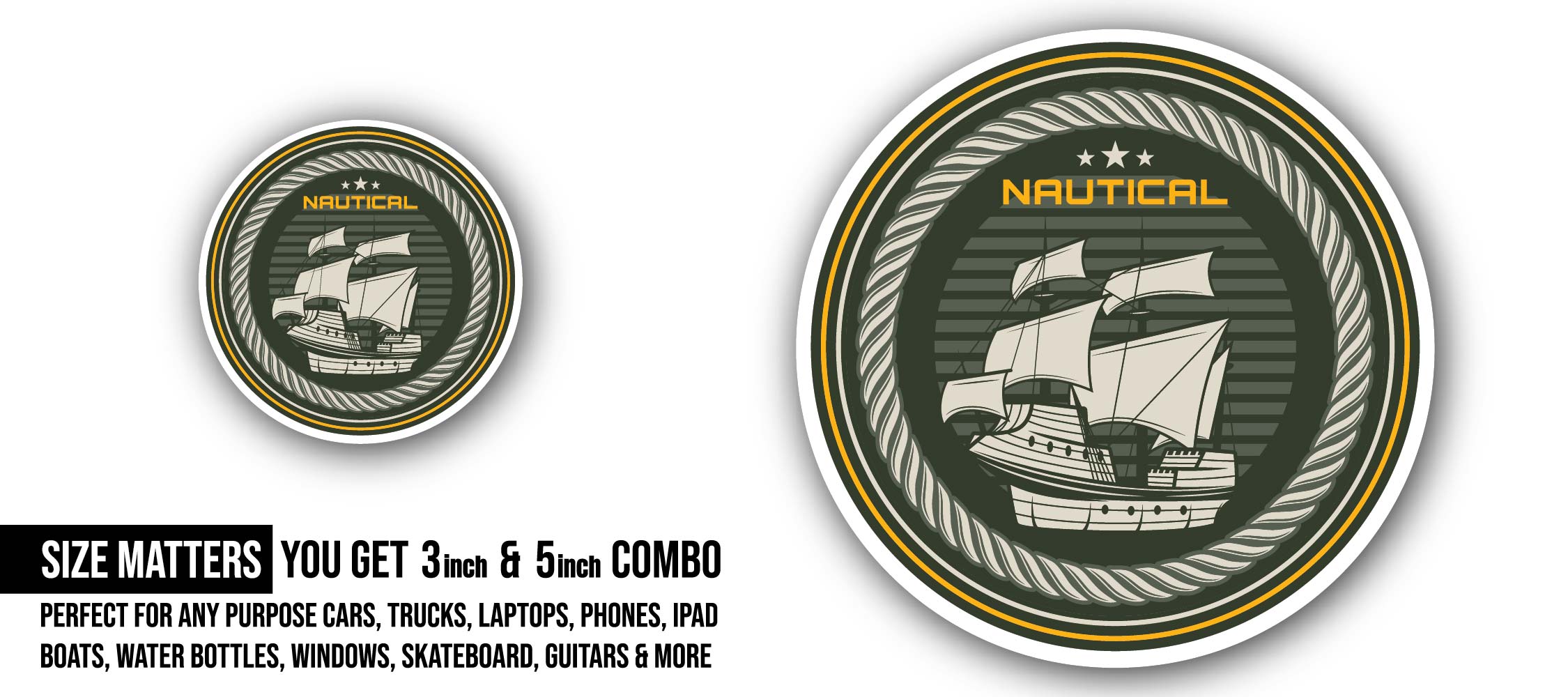 Nautical Voyages Sticker, Waterproof Vinyl Decal Sticker Indoor Or Outdoor 2 (Pieces) 3" and 5"