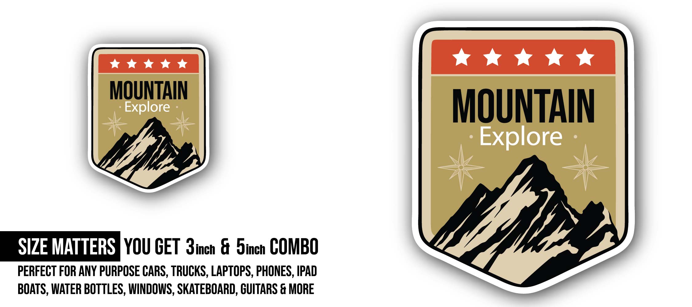 Mountain Explorer Sticker, Waterproof Vinyl Decal Sticker Indoor Or Outdoor 2 (Pieces) 3" and 5"