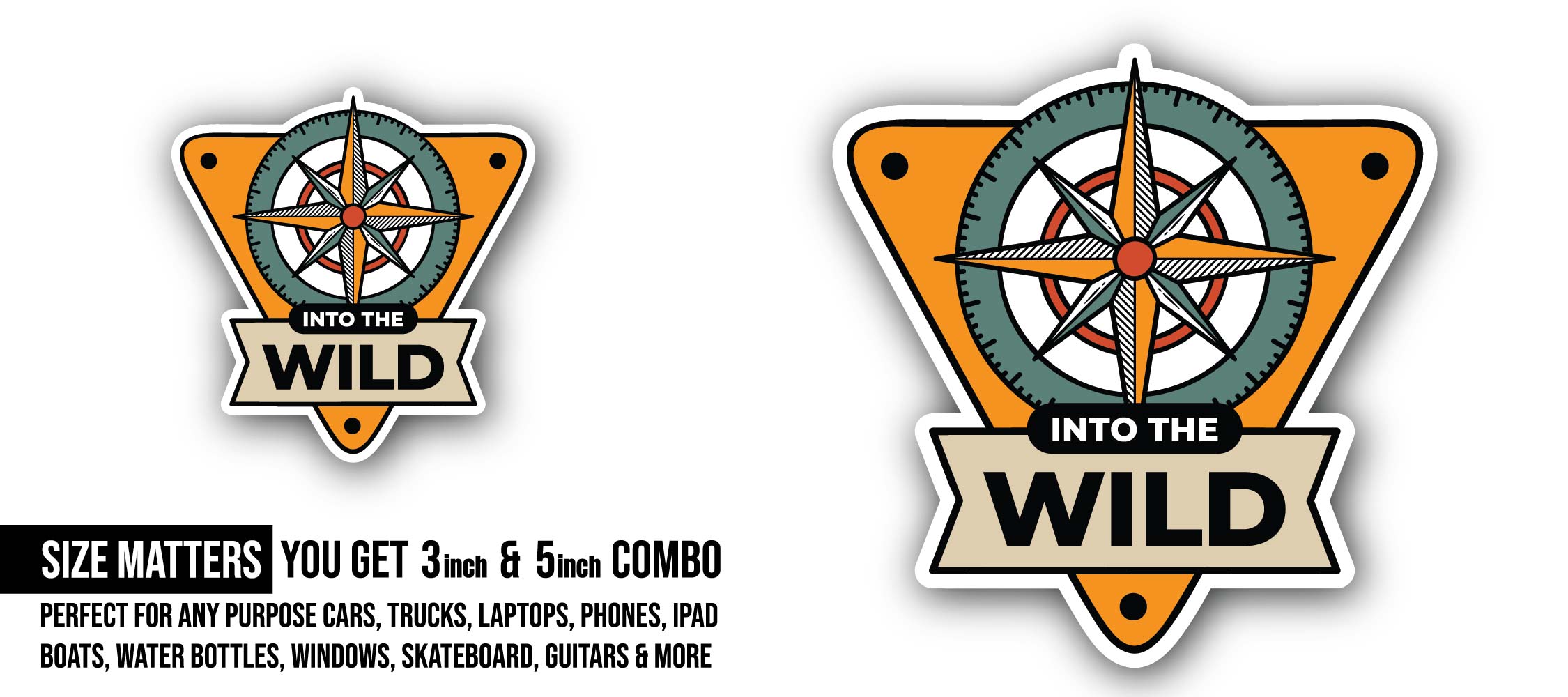 Wild Compass Sticker, Waterproof Vinyl Decal Sticker Indoor Or Outdoor 2 (Pieces) 3" and 5"