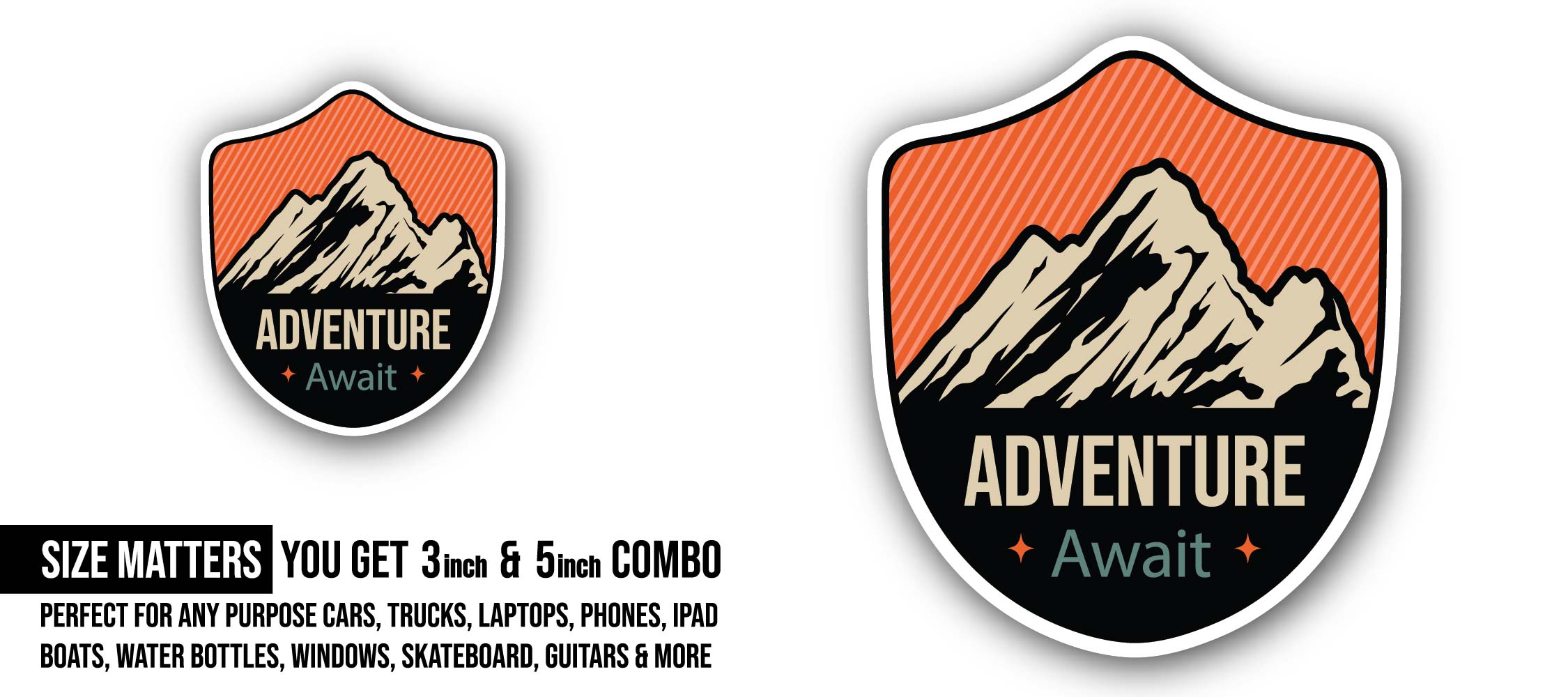 Mountain Adventure Sticker, Waterproof Vinyl Decal Sticker Indoor Or Outdoor 2 (Pieces) 3" and 5"