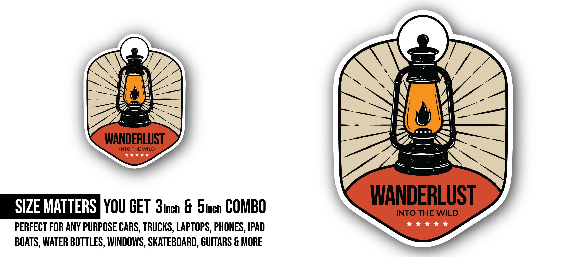 Wanderlust label with forest scene Sticker, Waterproof Vinyl Decal Sticker Indoor Or Outdoor 2 (Pieces) 3" and 5"