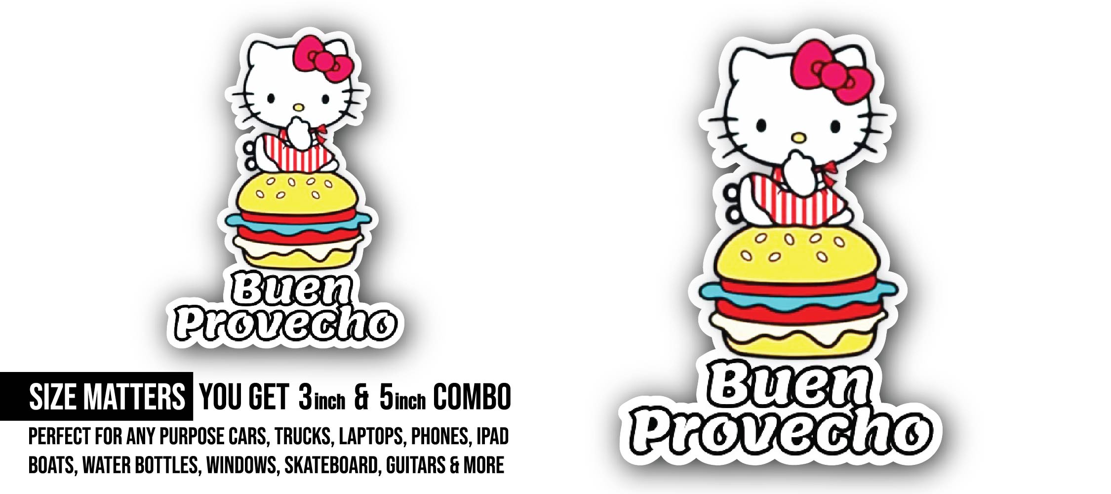 Cat sit On Burger Sticker, Waterproof Vinyl Decal Sticker Indoor Or Outdoor 2 (Pieces) 3" and 5"