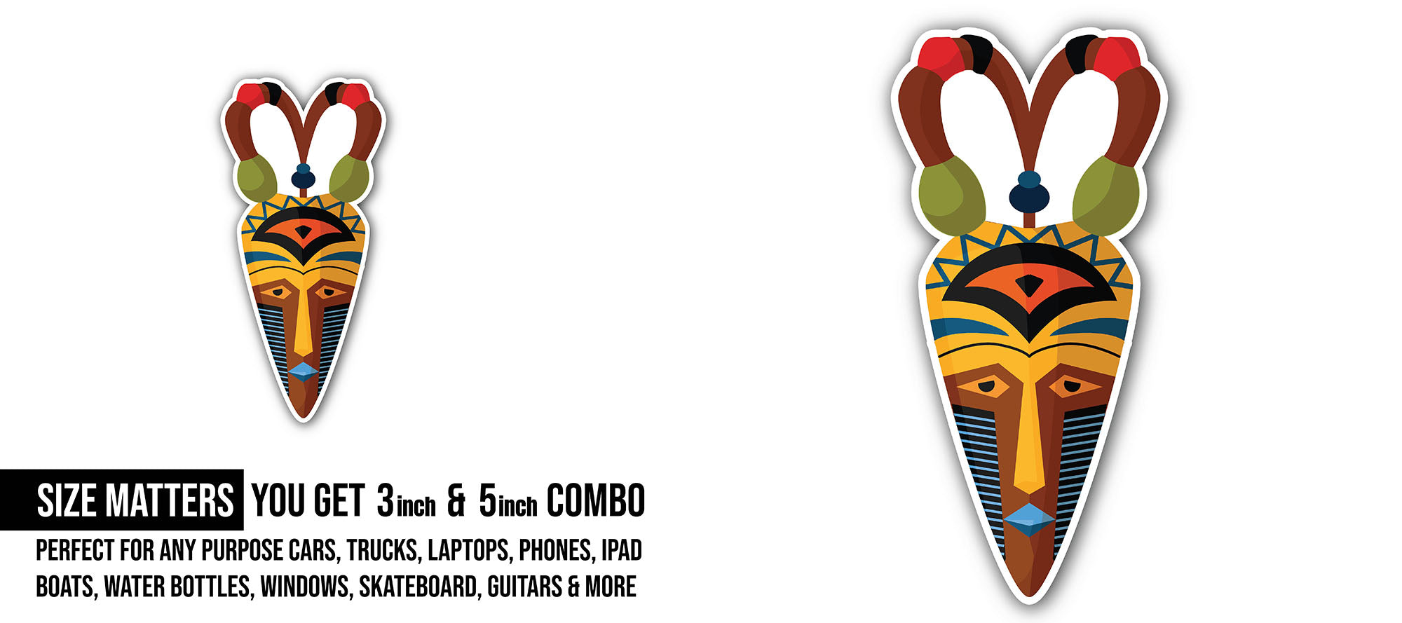 Tribal mask Sticker, Waterproof Vinyl Decal Sticker Indoor Or Outdoor 2 (Pieces) 3" and 5"