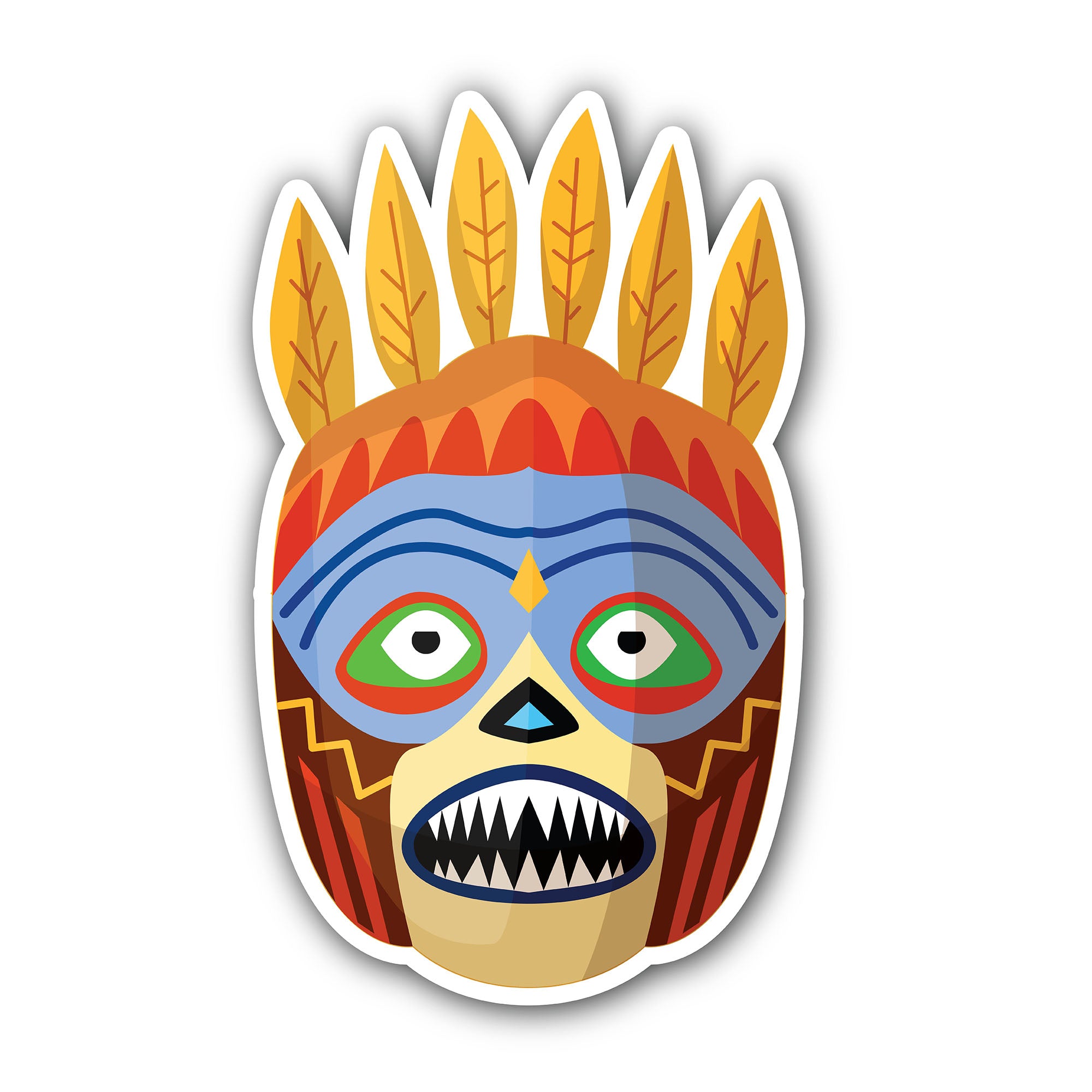 Prehistoric african mask with toothy mouth Sticker, Waterproof Vinyl Decal Sticker Indoor Or Outdoor 2 (Pieces) 3" and 5"
