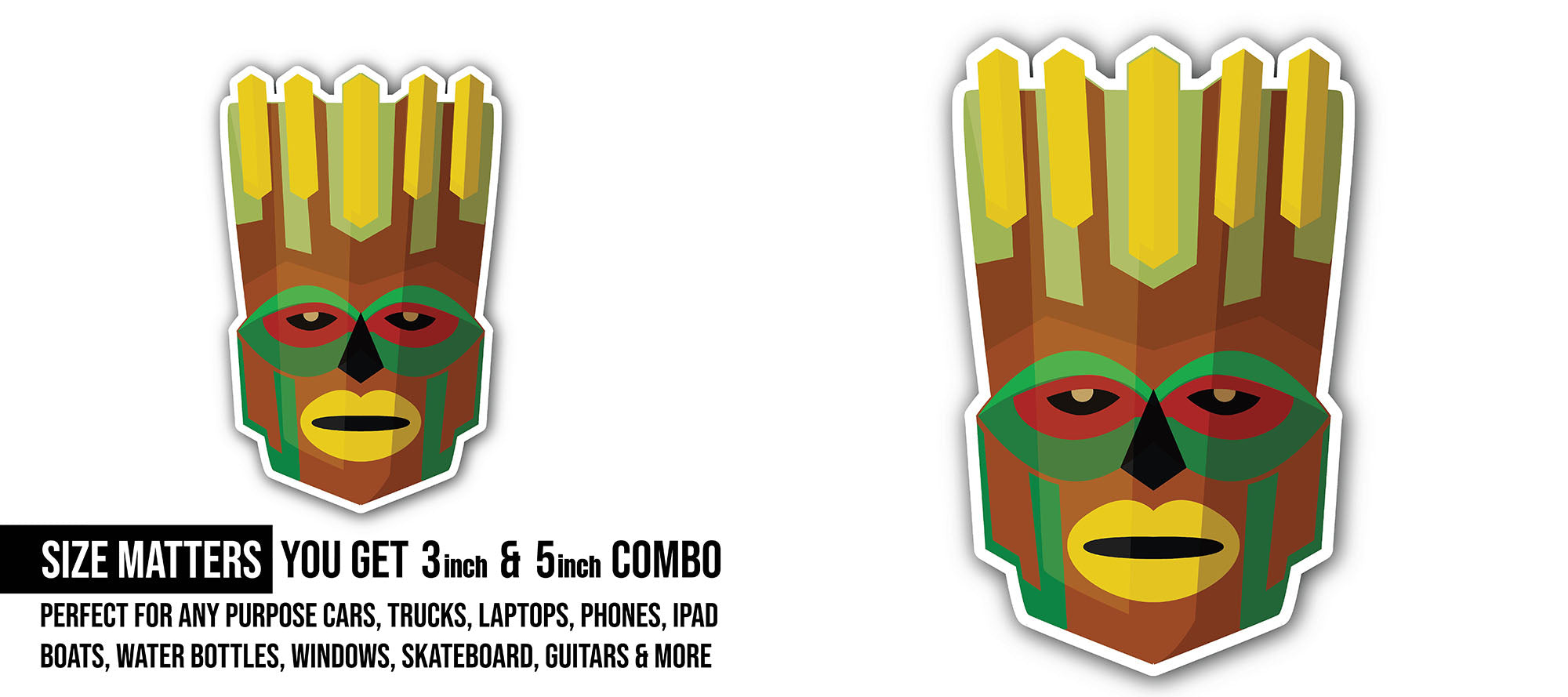 Wooden tiki head mask Sticker, Waterproof Vinyl Decal Sticker Indoor Or Outdoor 2 (Pieces) 3" and 5"