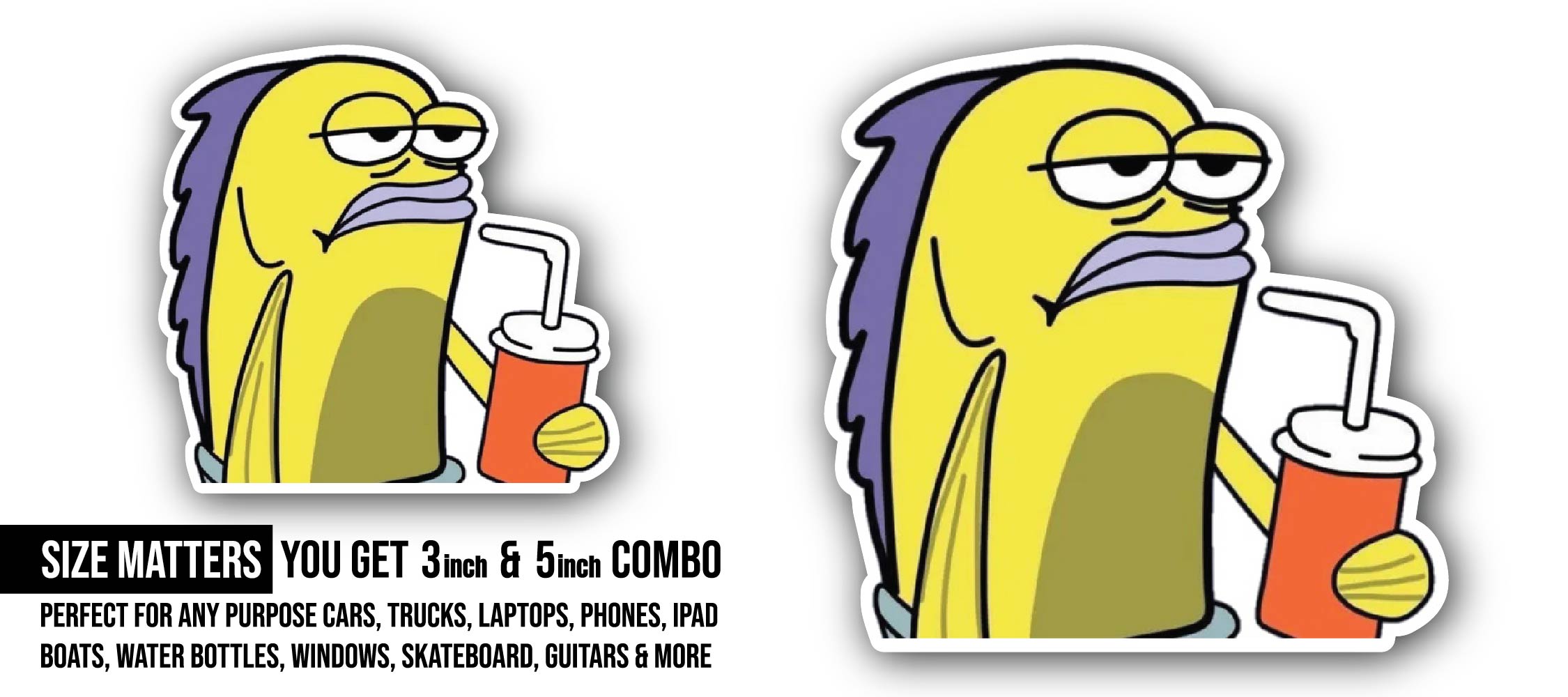 Fish Drinking Juice Sticker, Waterproof Vinyl Decal Sticker Indoor Or Outdoor 2 (Pieces) 3" and 5"