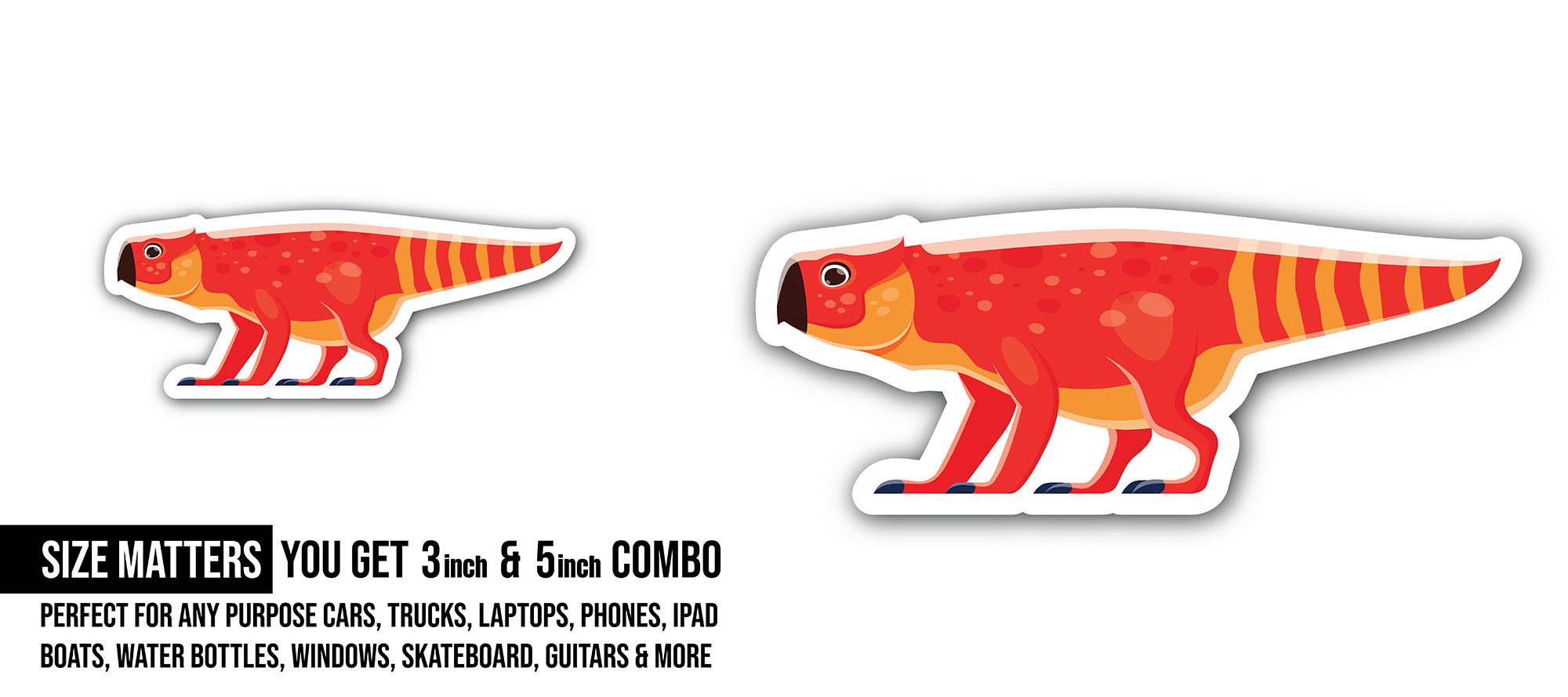 Bagaceratops, cartoon dinosaur Sticker, Waterproof Vinyl Decal Sticker Indoor Or Outdoor 2 (Pieces) 3" and 5"