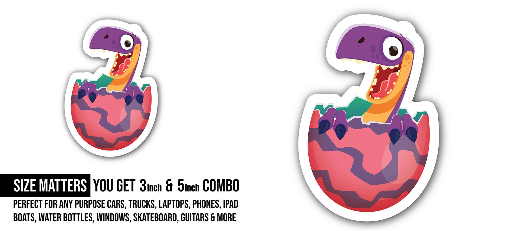Little dinosaur with Egg Sticker, Waterproof Vinyl Decal Sticker Indoor Or Outdoor 2 (Pieces) 3" and 5"