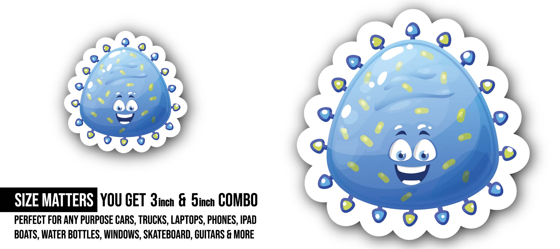 Cute Bacteria Sticker, Waterproof Vinyl Decal Sticker Indoor Or Outdoor 2 (Pieces) 3" and 5"